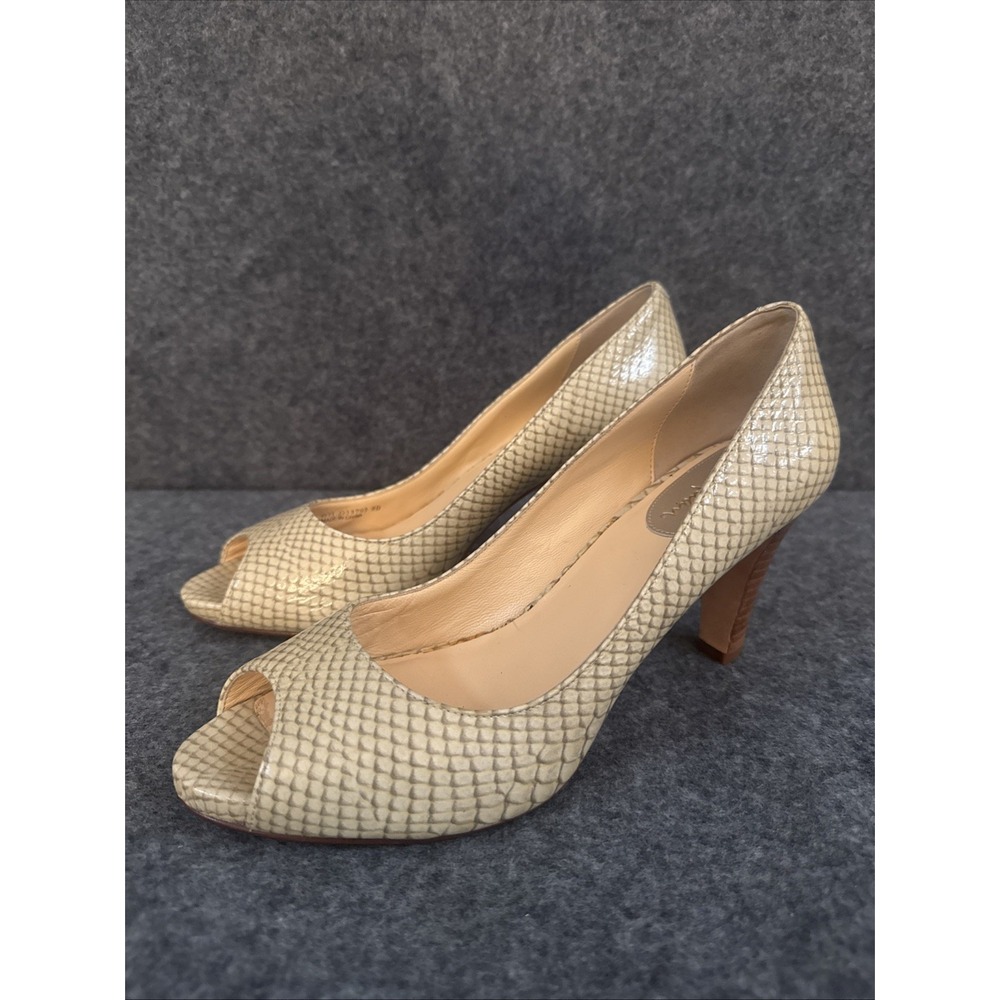 Cole Haan Women's 8B  Beige Snakeskin Print Leather Peep Toe Pumps Heels